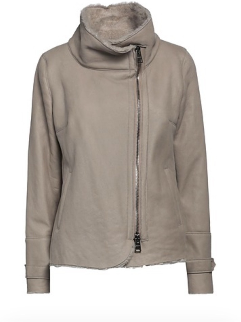 Womens Asymmetrical Shearling Leather Jacket - Taupe